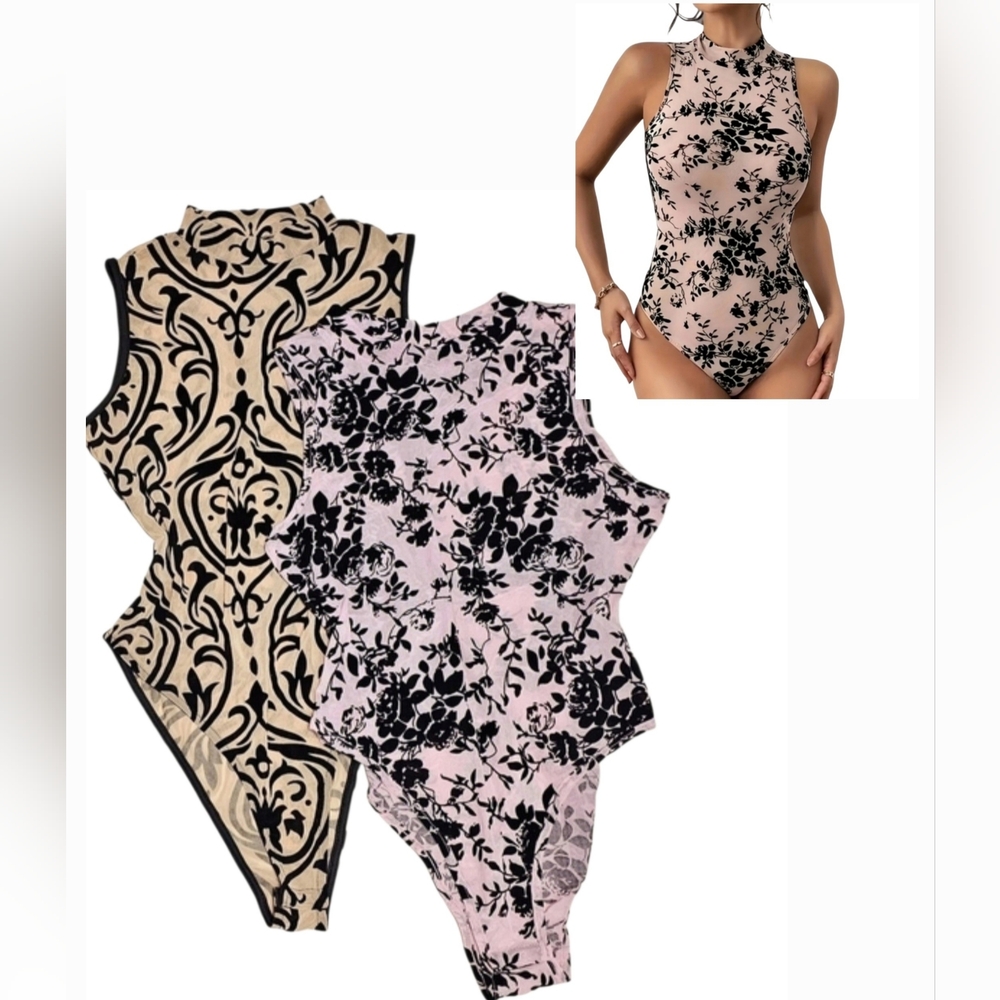 2 Pcs Floral Semi Sheer Mesh/Velvet Burnout Romantic Goth Sleeveless Bodysuit L - Picture 1 of 8